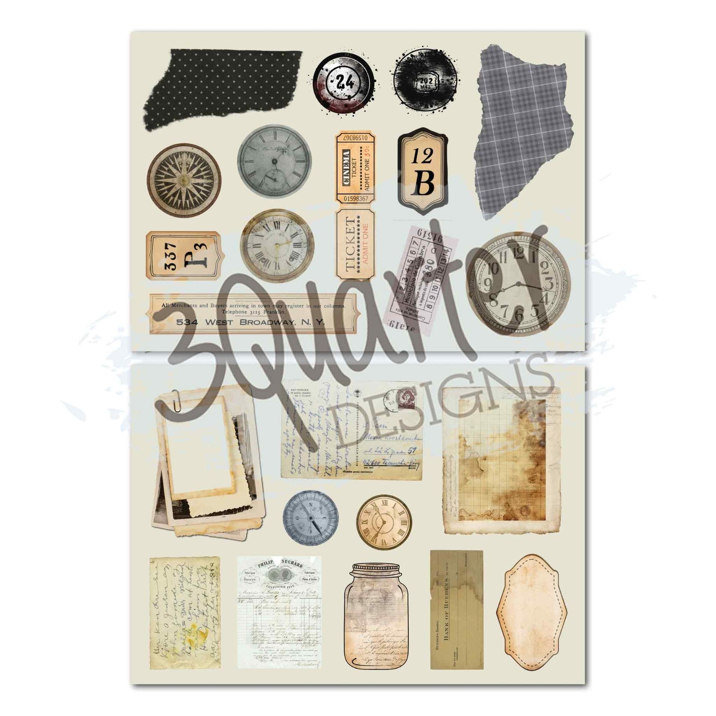 3Quarter Designs Paper Tales die-cut sheets showing vintage clocks, compasses, cinema tickets, number tags, torn fabric and ephemera elements on cream background
