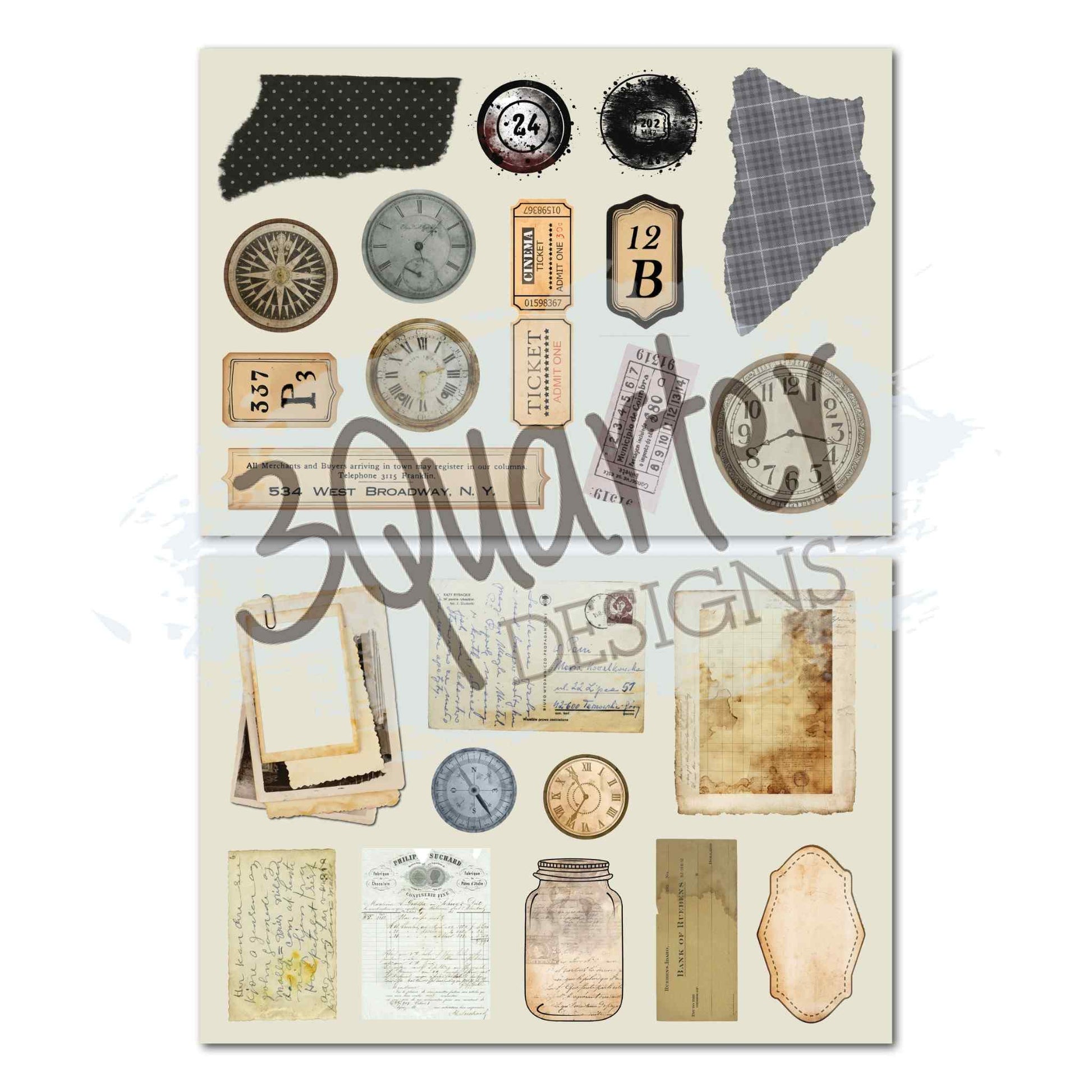 3Quarter Designs Paper Tales die-cut sheets showing vintage clocks, compasses, cinema tickets, number tags, torn fabric and ephemera elements on cream background