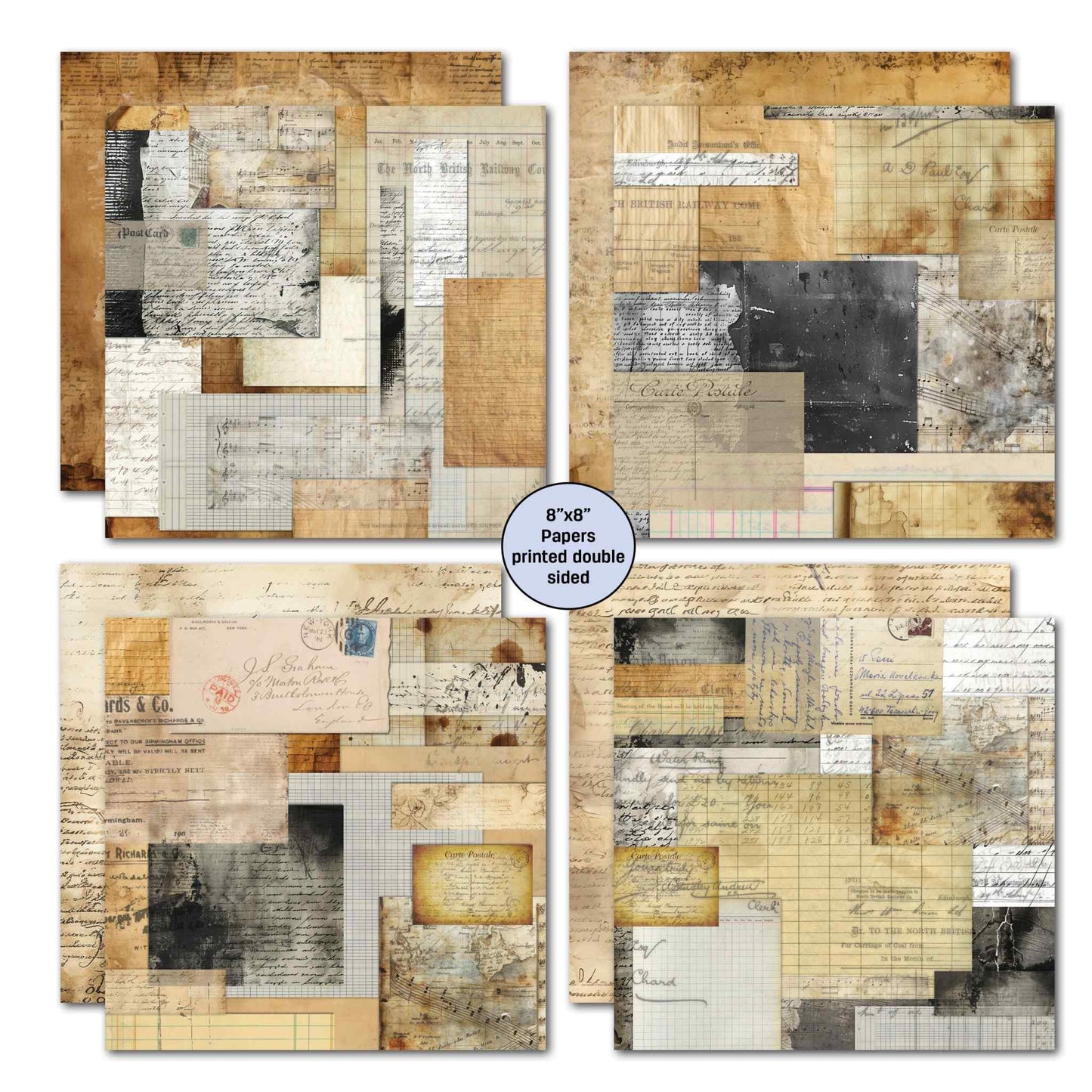 Paper Tales 8x8 double-sided scrapbook papers showing warm sepia postcard, handwriting collage, ledger and charcoal document designs printed double sided