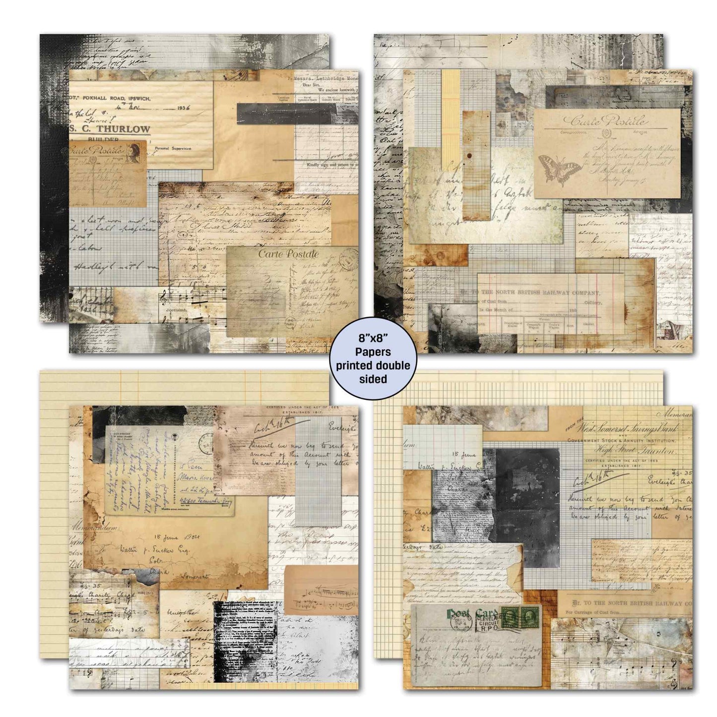 Paper Tales 8x8 double-sided papers featuring aged ledger, handwriting, railway document and mixed collage designs in warm sepia and charcoal tones