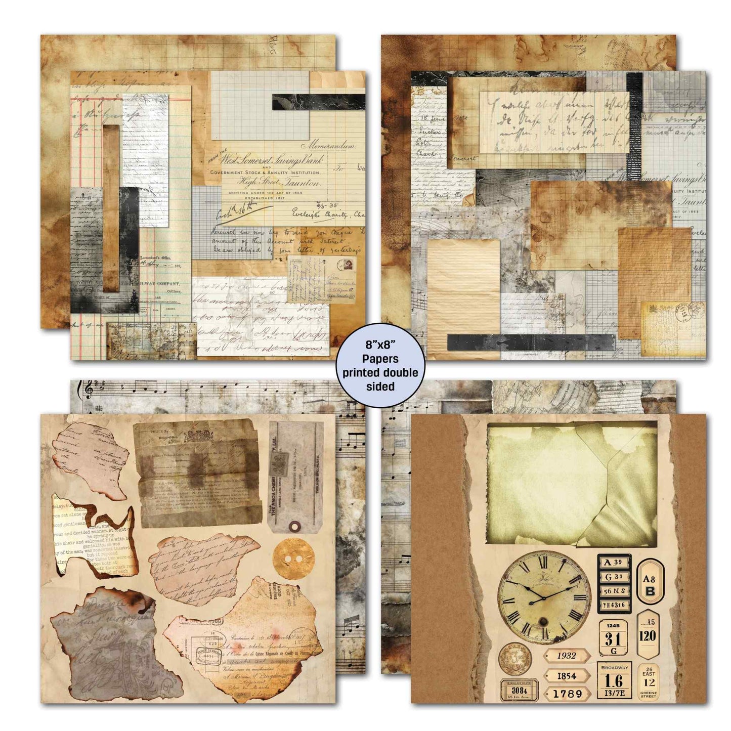 Paper Tales 8x8 double-sided papers showing torn ephemera, music sheet, ledger and clock collage designs alongside number and street sign elements
