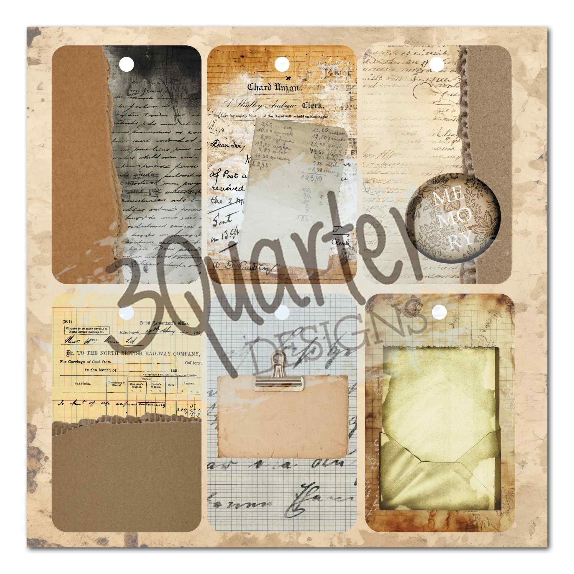 3Quarter Designs Paper Tales 8x8 tags page showing six vintage-style kraft and handwriting tags with railway document, envelope and memory embellishment designs