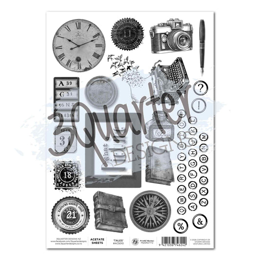 3Quarter Designs Paper Tales A4 Acetate Sheet showing greyscale cut-apart elements including large clock face, film camera, vintage typewriter, fountain pen, compass rose, ink bottle, leather book, postage stamp, number tags and full typewriter key alphabet set on clear acetate