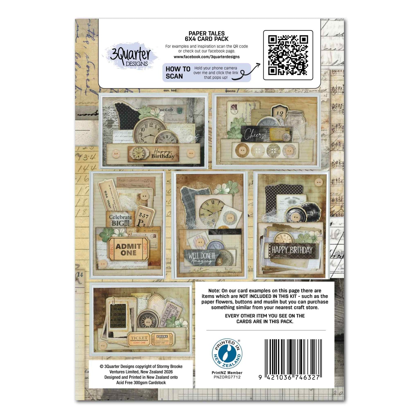 3Quarter Designs Paper Tales 6x4 Card Making Kit packaging back showing six completed card examples with vintage clock, ticket, compass and ephemera embellishments