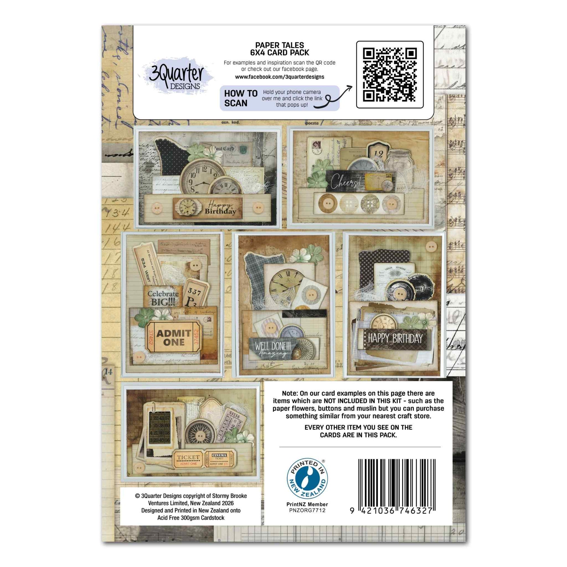 3Quarter Designs Paper Tales 6x4 Card Making Kit packaging back showing six completed card examples with vintage clock, ticket, compass and ephemera embellishments