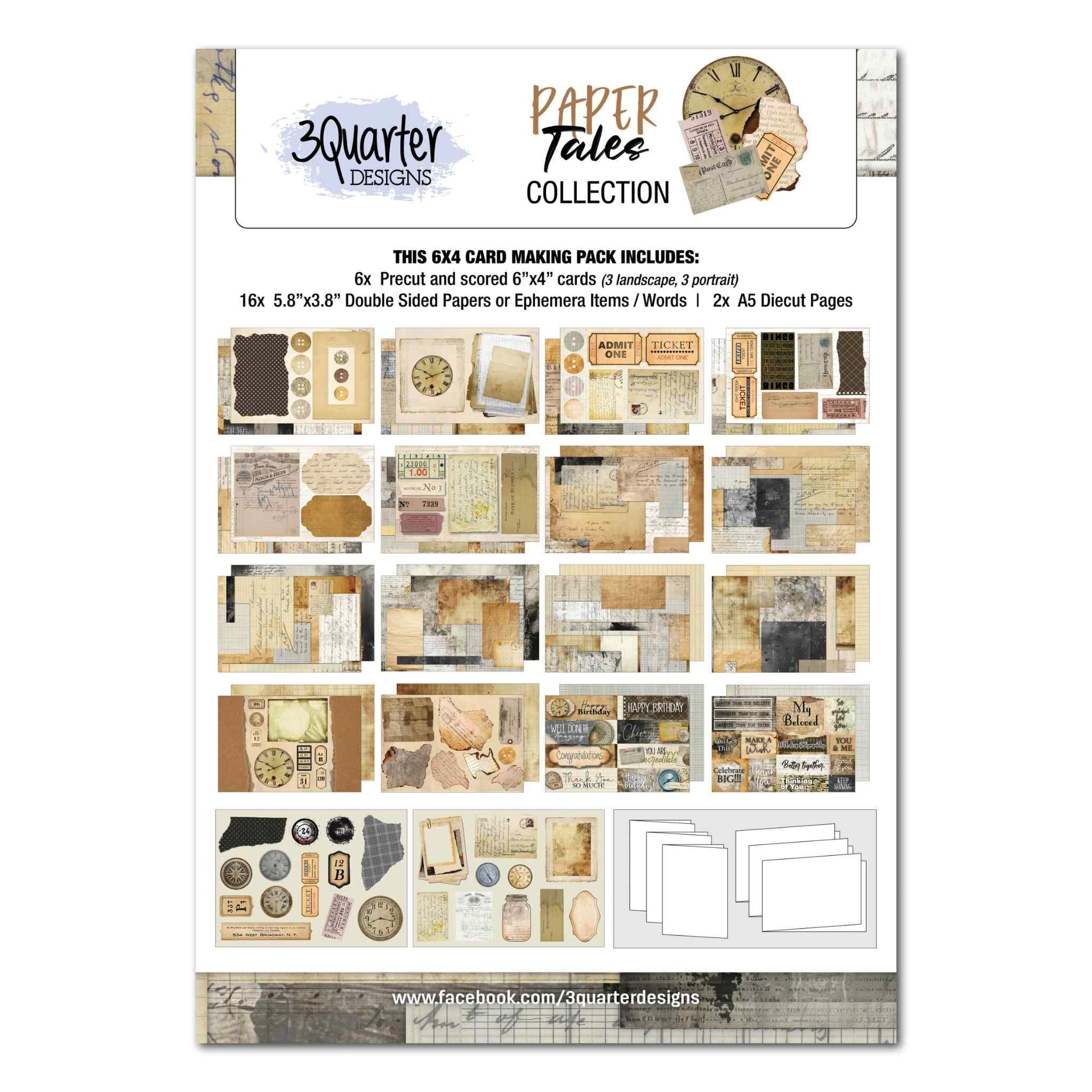 3Quarter Designs Paper Tales 6x4 Card Making Kit cover showing full contents including 6 pre-scored cards, 16 double-sided papers, ephemera, sentiments and 2 A5 die-cut sheets