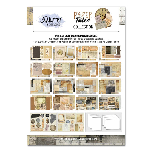 3Quarter Designs Paper Tales 6x4 Card Making Kit cover showing full contents including 6 pre-scored cards, 16 double-sided papers, ephemera, sentiments and 2 A5 die-cut sheets