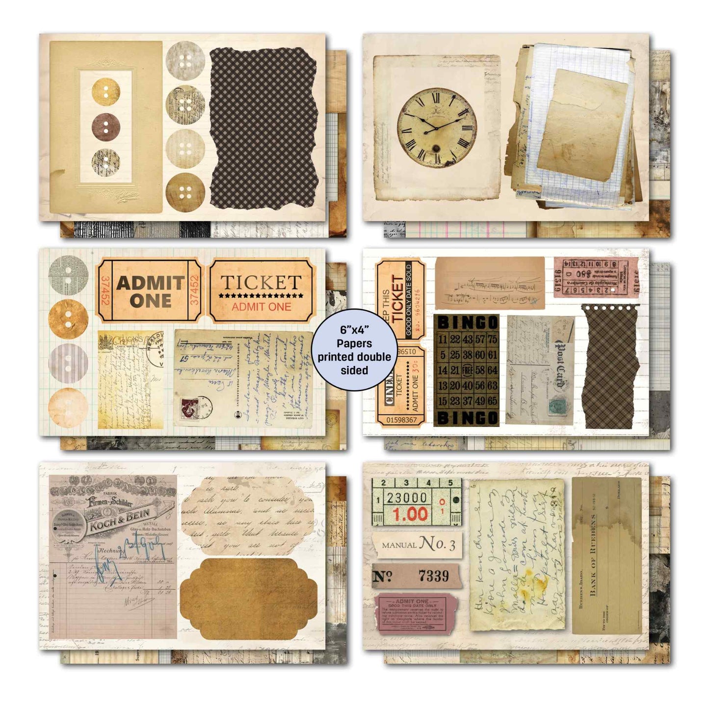 Paper Tales 6x4 double-sided card papers showing buttons, clock face, admit one tickets, bingo card, handwriting collage and ephemera designs