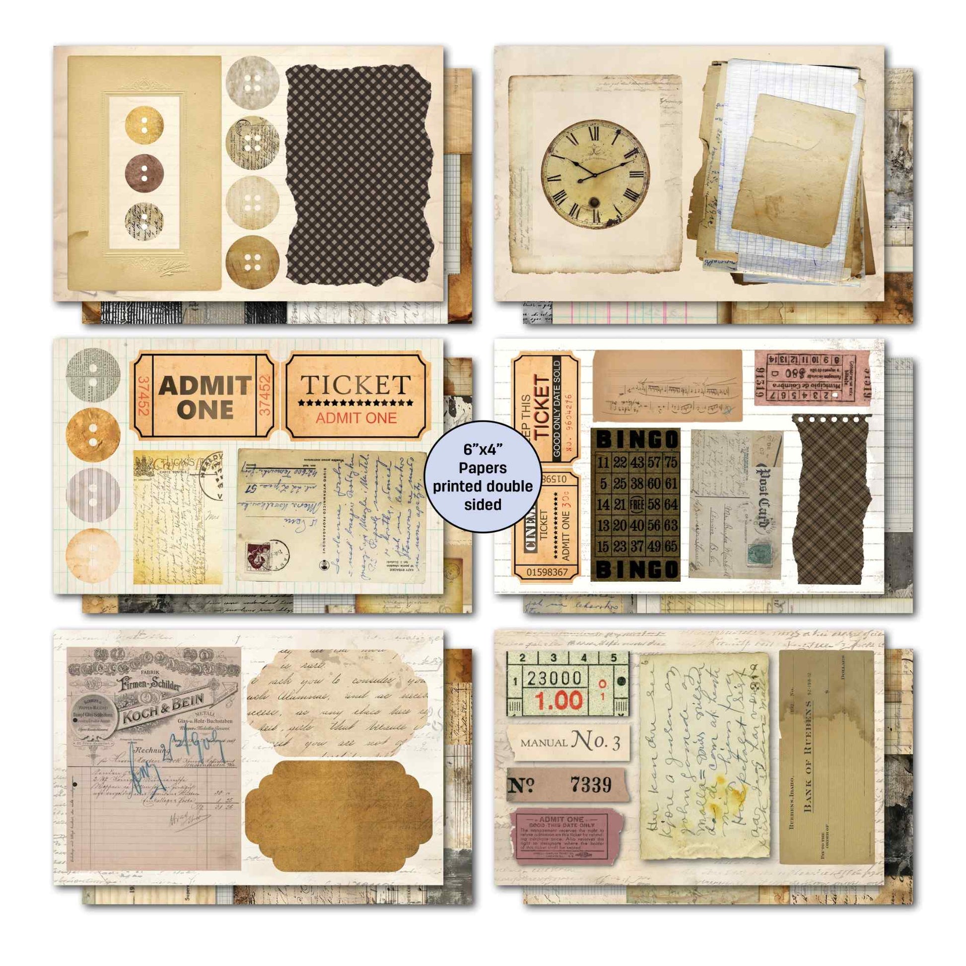 Paper Tales 6x4 double-sided card papers showing buttons, clock face, admit one tickets, bingo card, handwriting collage and ephemera designs