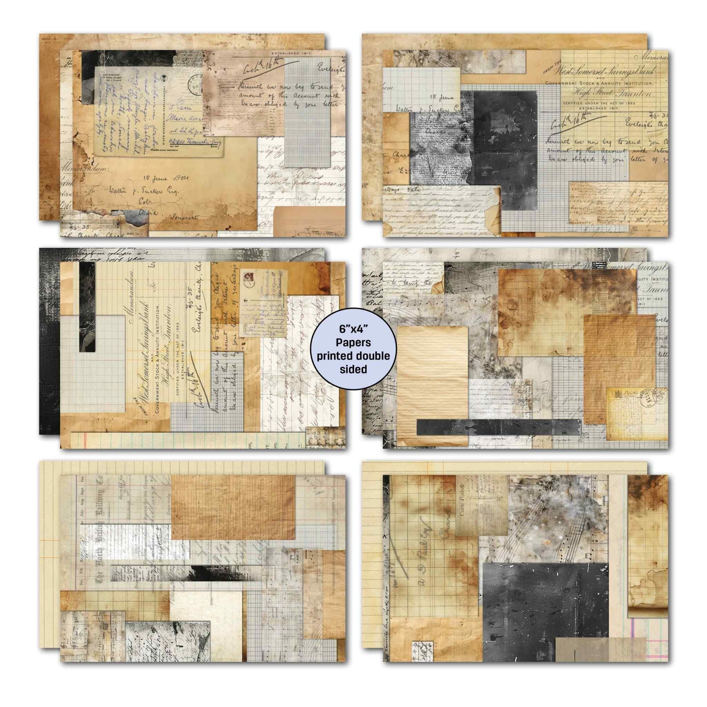 Paper Tales 6x4 double-sided papers showing aged postcard, ledger, handwriting collage and document designs 