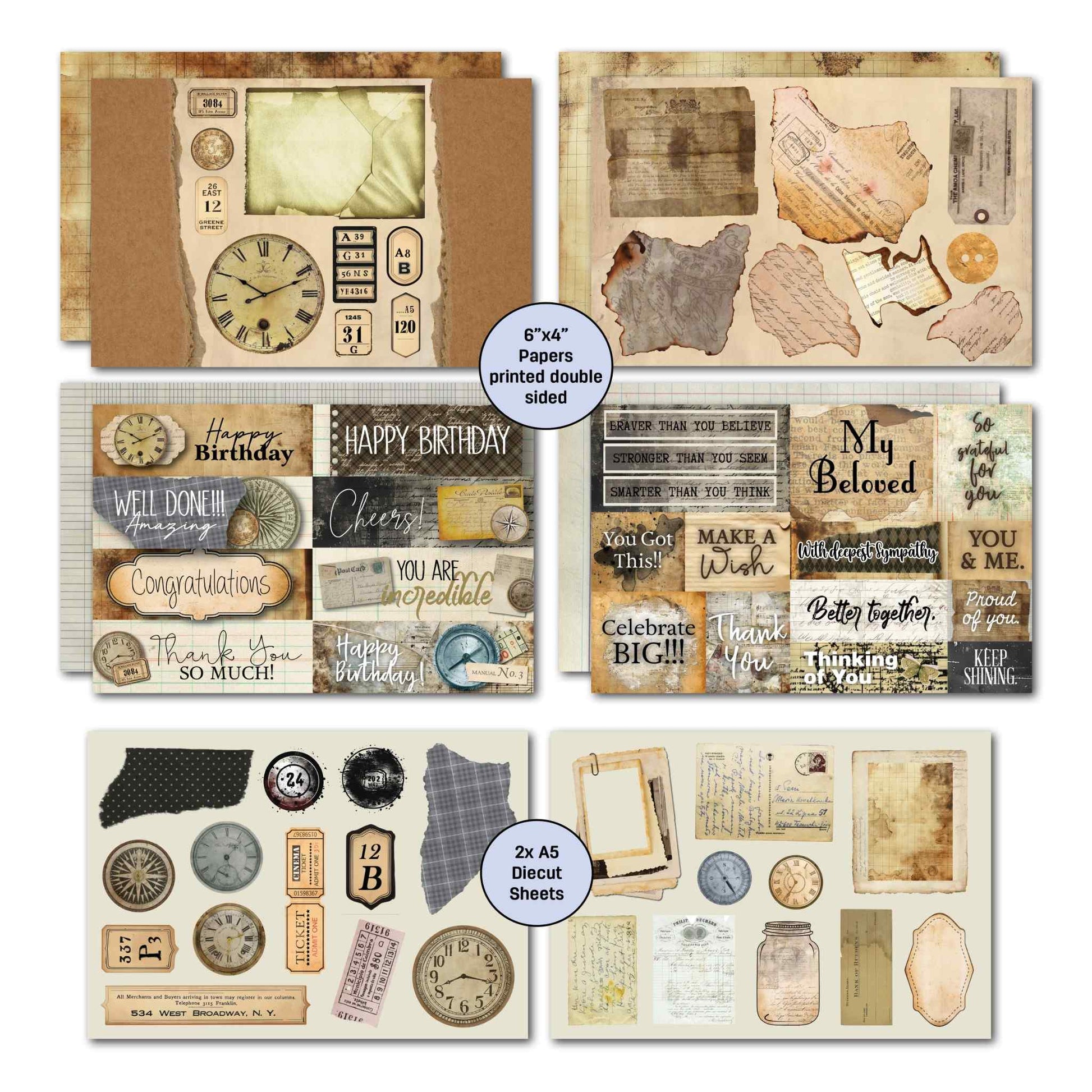 Paper Tales 6x4 double-sided papers showing aged postcard, ledger, handwriting collage and document designs alongside sentiments and words sheets and 2 A5 die-cut sheets