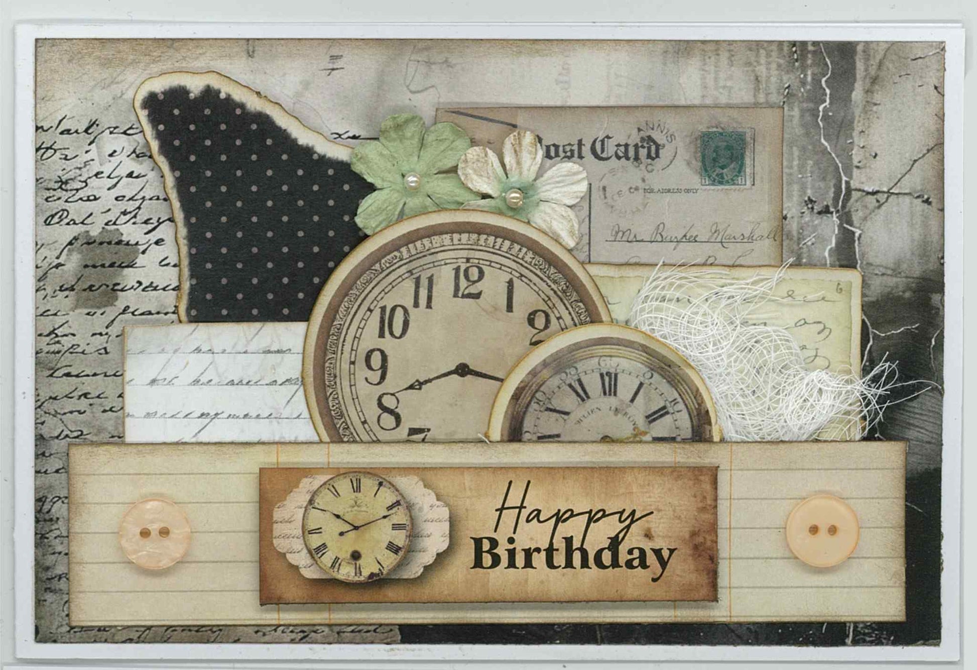 3Quarter Designs Paper Tales card sample showing Happy Birthday landscape card with layered vintage clock die-cuts, postcard, handwriting papers, paper flowers and buttons