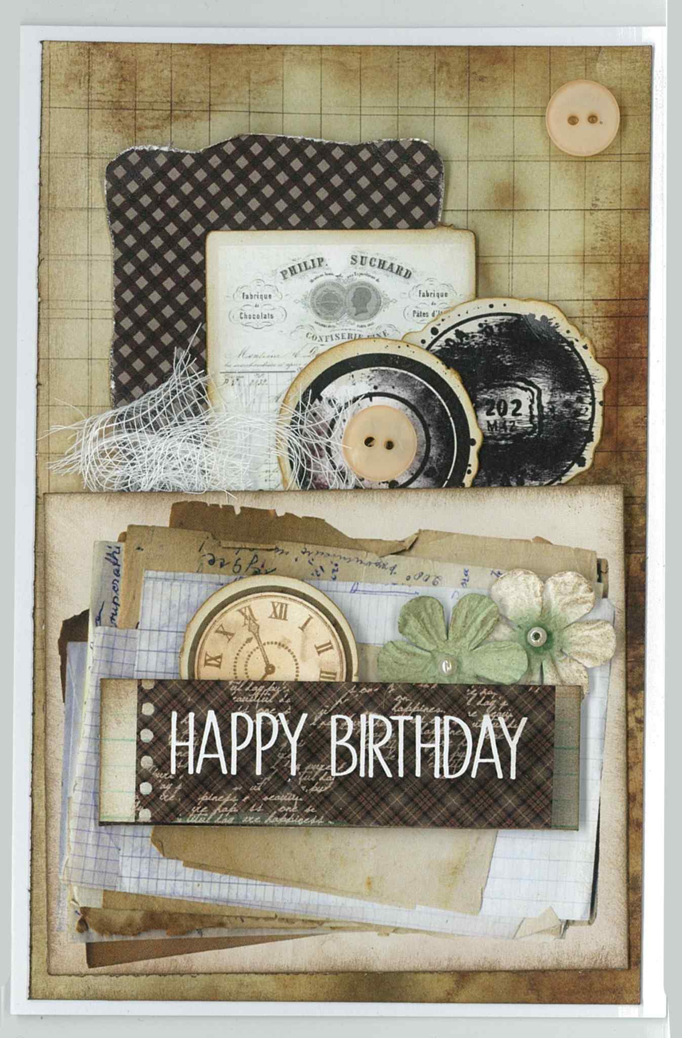 3Quarter Designs Paper Tales card sample showing Happy Birthday portrait card with layered vintage clock, dark plaid paper, ledger, handwriting papers, cheesecloth and paper flowers