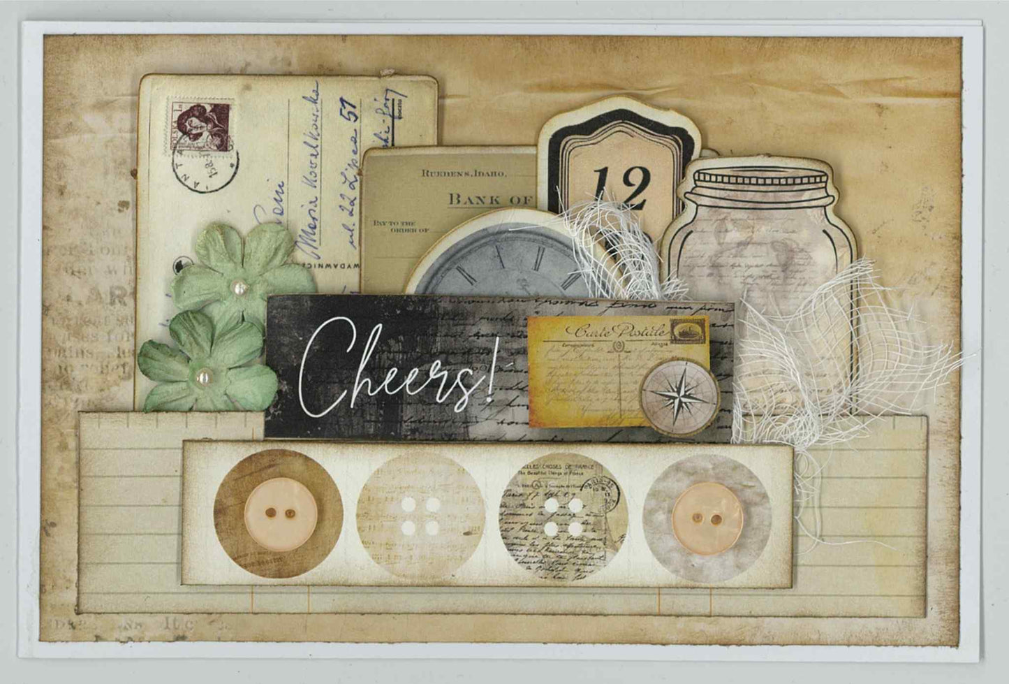 3Quarter Designs Paper Tales card sample showing Cheers landscape card with layered vintage postcard, bank document, clock, compass, mason jar die-cuts, cheesecloth and paper flowers