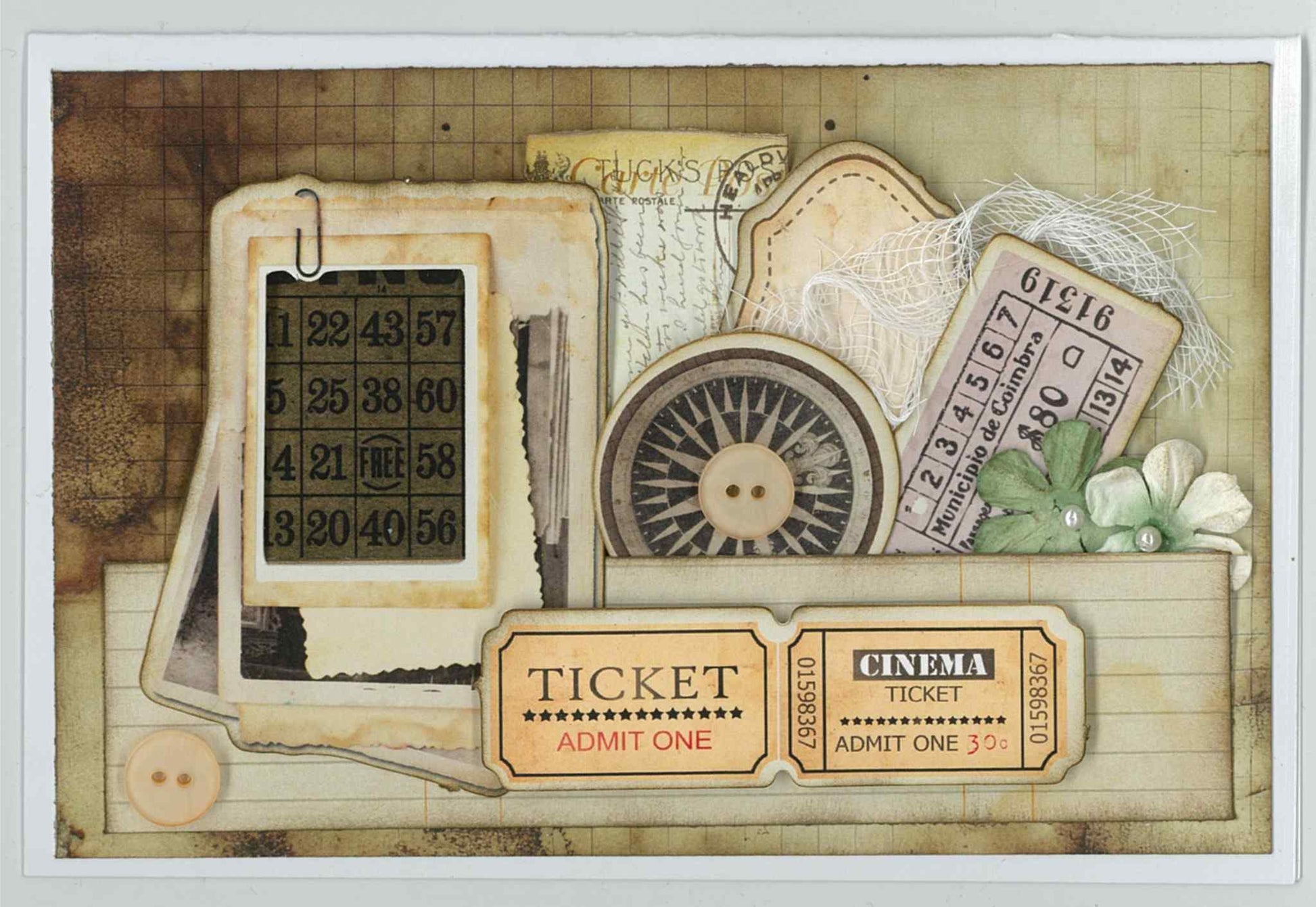 3Quarter Designs Paper Tales card sample showing landscape card with layered bingo card, cinema tickets, compass, number tags, postcard and cheesecloth on ledger and grid papers
