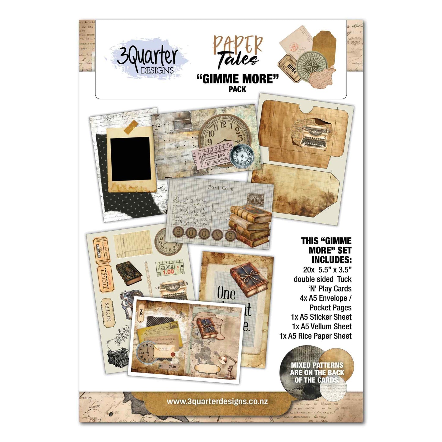 3Quarter Designs Paper Tales Gimme More Pack cover showing contents including Tuck N Play cards, envelope pocket pages, sticker sheet, vellum and rice paper sheets