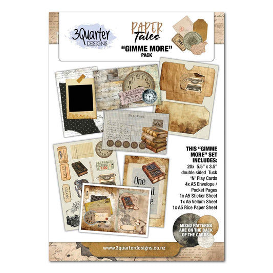 3Quarter Designs Paper Tales Gimme More Pack cover showing contents including Tuck N Play cards, envelope pocket pages, sticker sheet, vellum and rice paper sheets