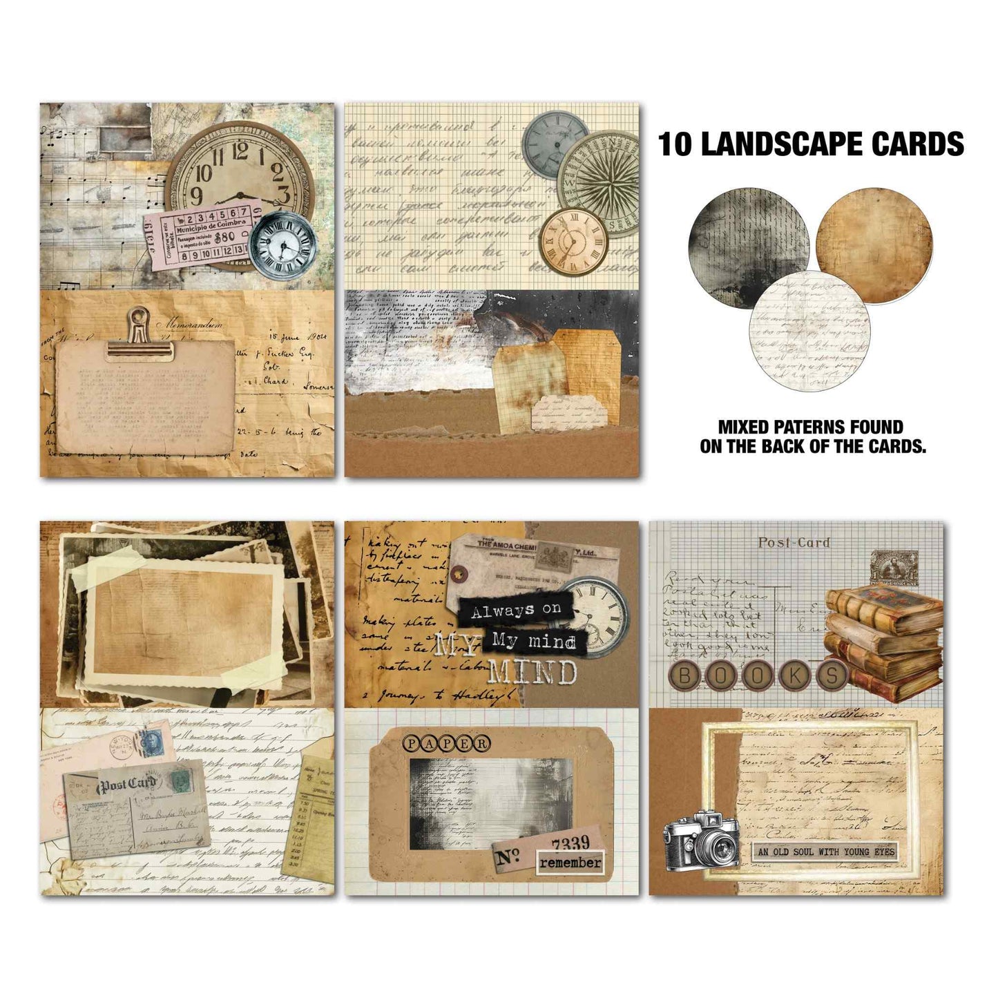 Paper Tales Gimme More Pack showing 10 landscape Tuck N Play cards featuring vintage clock, compass, handwriting collage, aged photographs, postcard, books and inspirational quote designs with mixed pattern backs