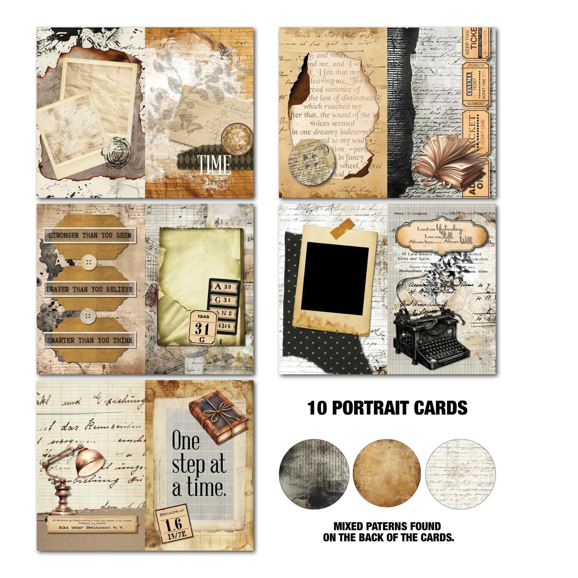 Paper Tales Gimme More Pack showing 10 portrait Tuck N Play cards featuring vintage typewriter, torn paper, inspirational quotes, aged photographs, cinema tickets and book collage designs with mixed pattern backs