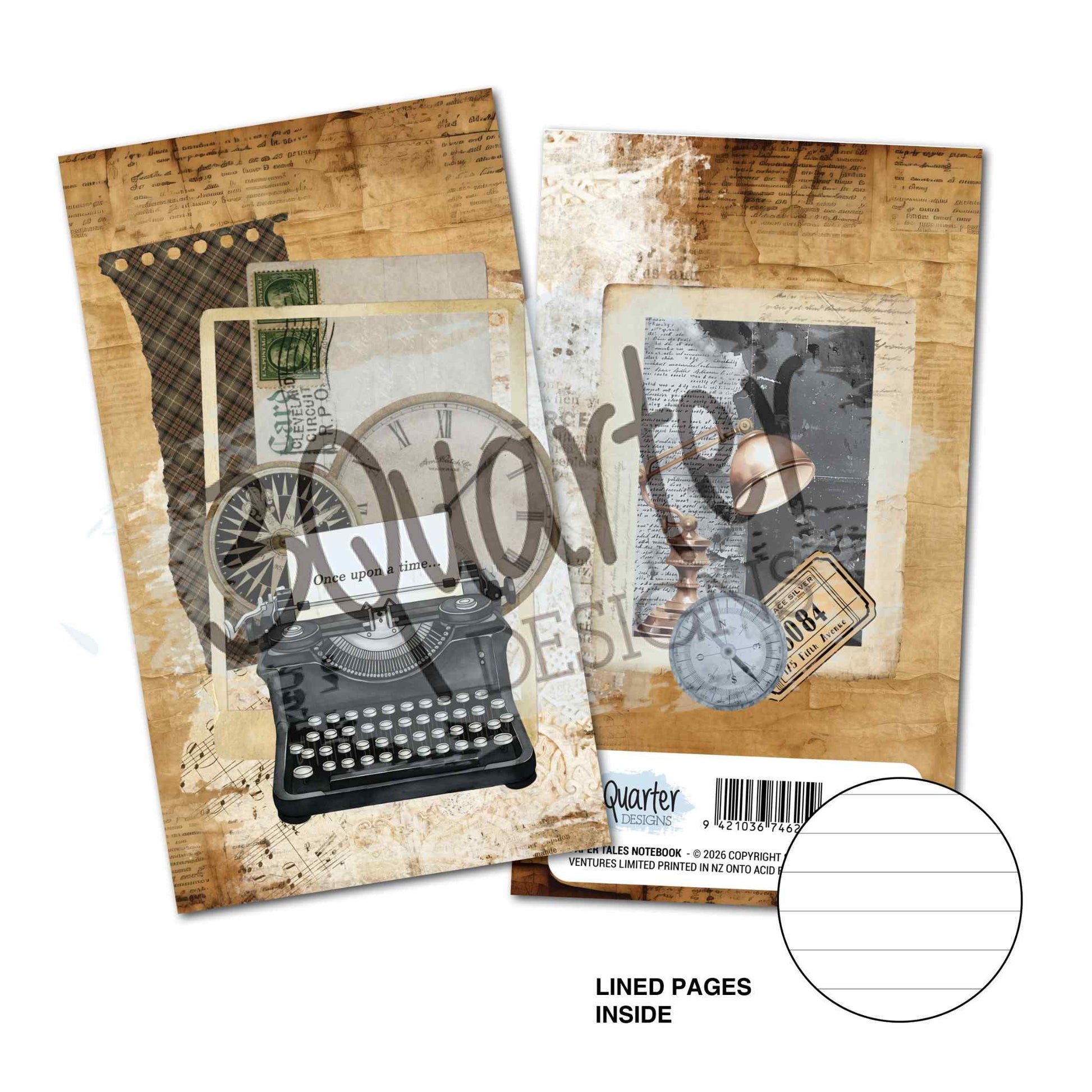 3Quarter Designs Paper Tales Mini Notebook showing two cover designs — warm sepia typewriter, compass and postcard collage and charcoal pocket watch, bell and ticket collage — with lined pages inside