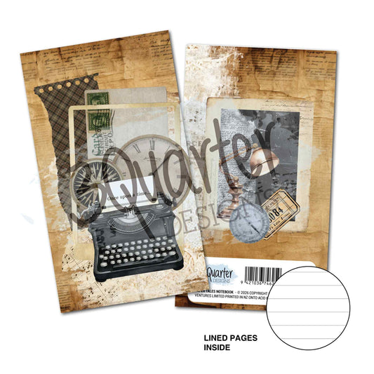 3Quarter Designs Paper Tales Mini Notebook showing two cover designs — warm sepia typewriter, compass and postcard collage and charcoal pocket watch, bell and ticket collage — with lined pages inside