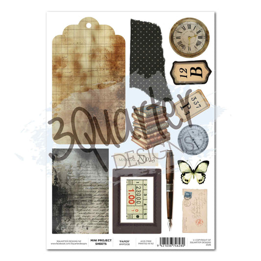 3Quarter Designs Paper Tales Mini Project Sheet MPS108 showing cut-apart vintage ephemera elements including large tag, gold clock, stacked books, compass, fountain pen, yellow butterfly, numbered railway ticket and aged postcard on acid free cardstock