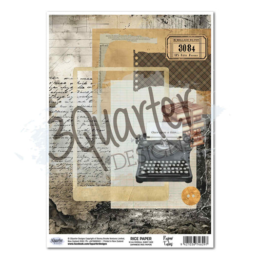 3Quarter Designs Paper Tales A4 rice paper showing vintage typewriter with Once Upon a Time paper, stacked leather books, aged handwriting, film strip, plaid and numbered railway ticket collage on sepia and charcoal background