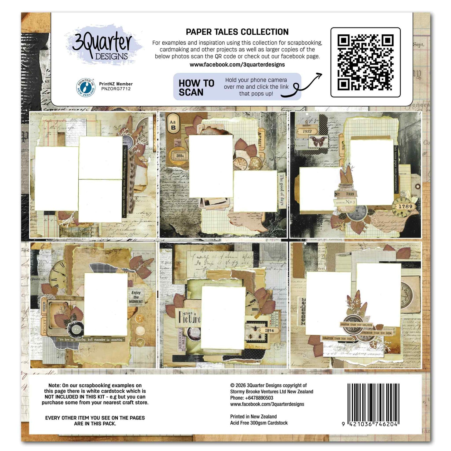Paper Tales Collection packaging back showing contents list, scrapbook layout examples, and Printed in New Zealand badge