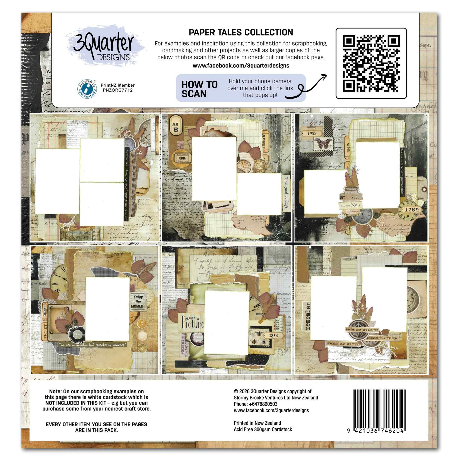 Paper Tales Collection packaging back showing contents list, scrapbook layout examples, and Printed in New Zealand badge
