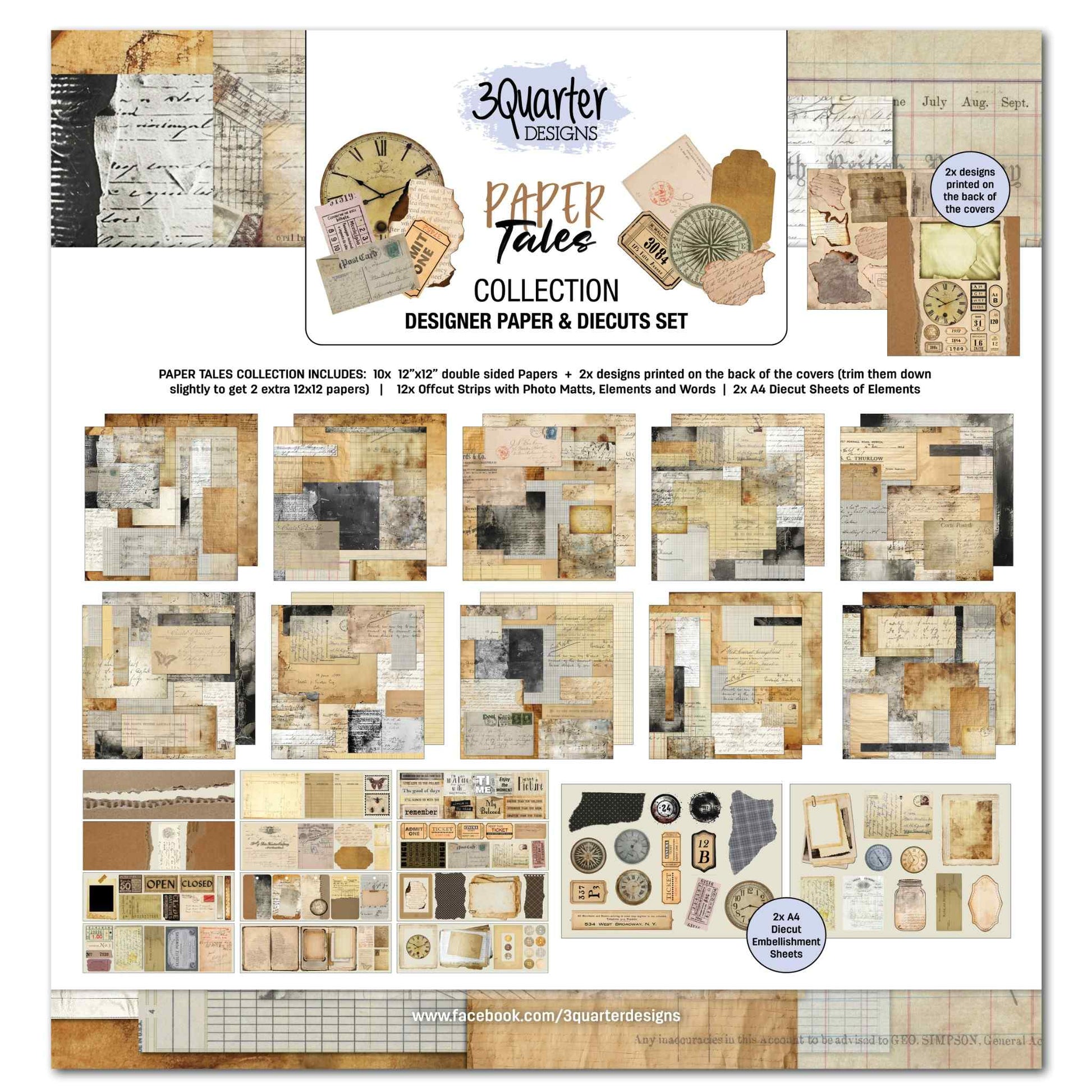 3Quarter Designs Paper Tales 12x12 Scrapbook Collection Kit full contents overview showing all papers, strips, and die-cut sheets