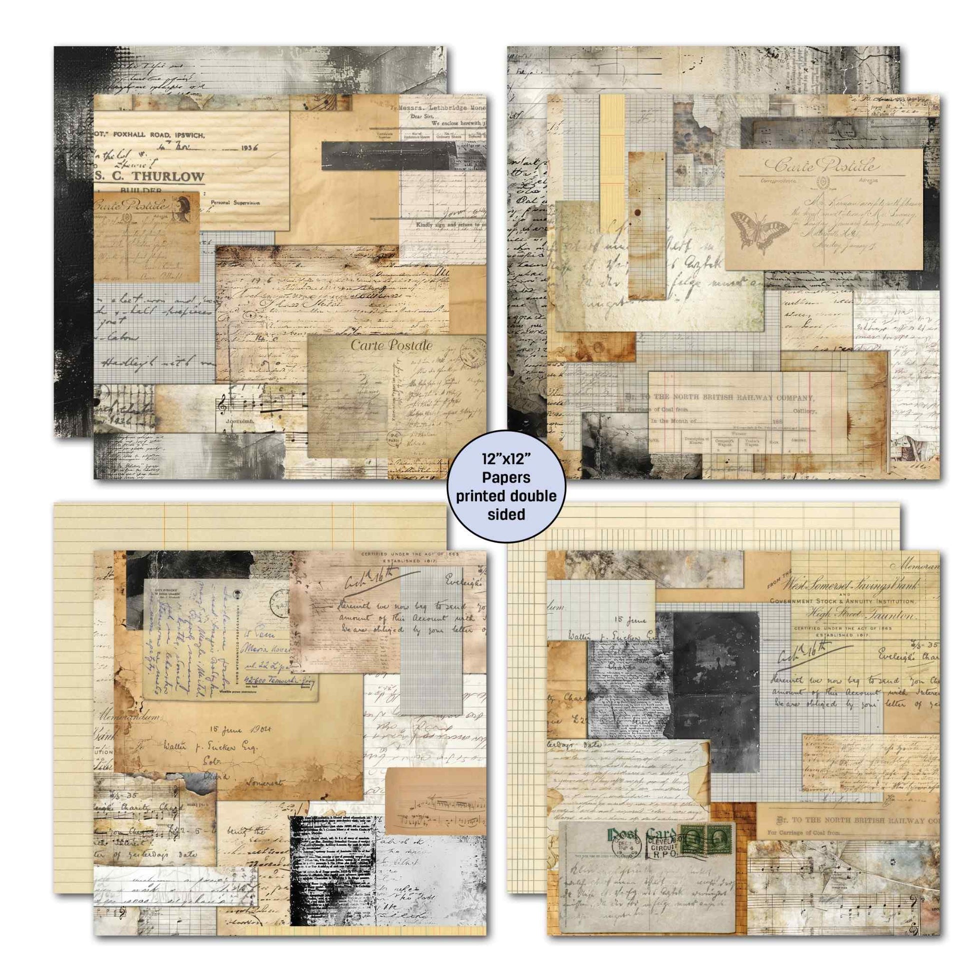 Paper Tales 12x12 double-sided scrapbook papers featuring dark charcoal and cream postcard, script, and railway document collage designs