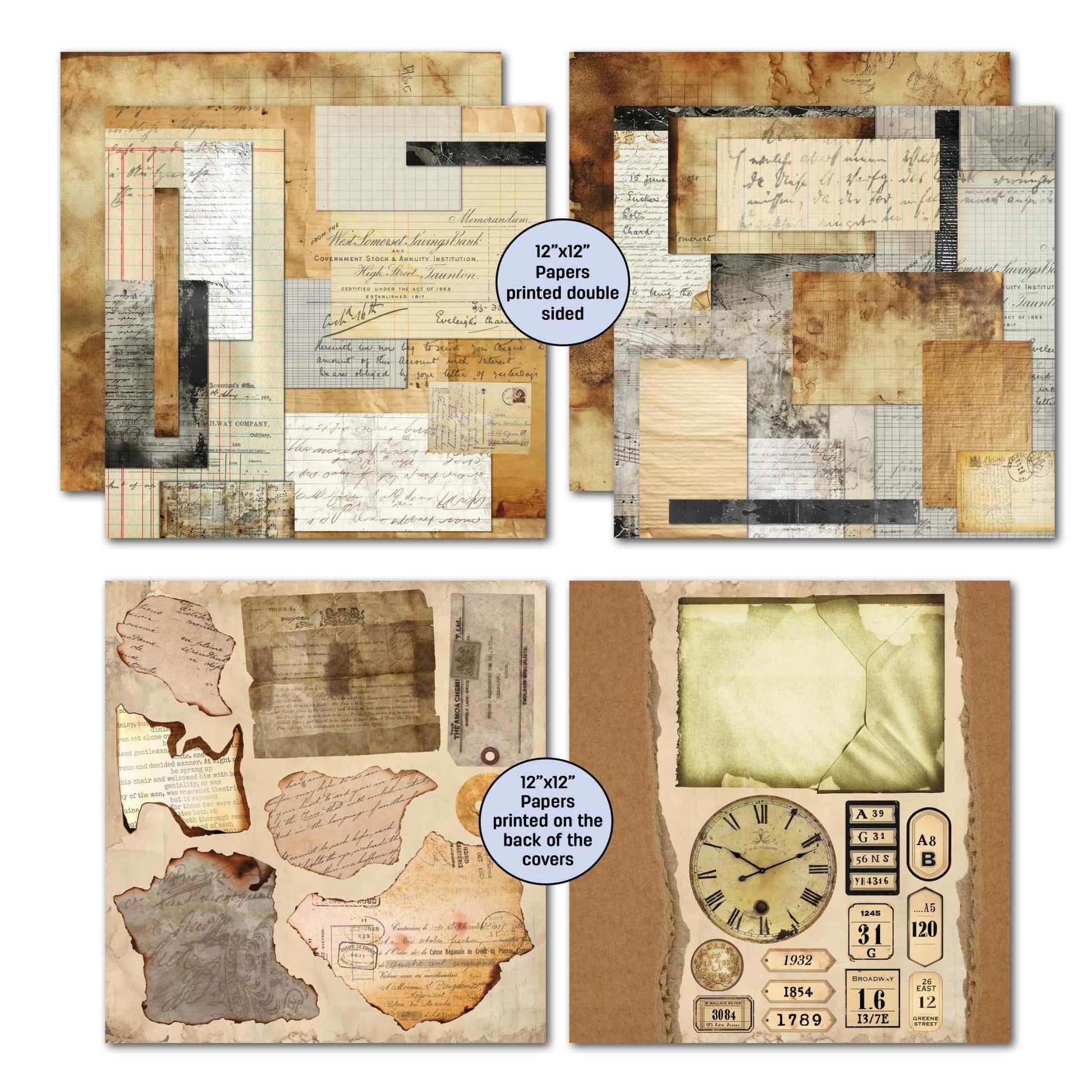 3Quarter Designs Paper Tales double-sided 12x12 scrapbook papers showing warm sepia ledger, handwriting collage, and ephemera designs with cover back papers