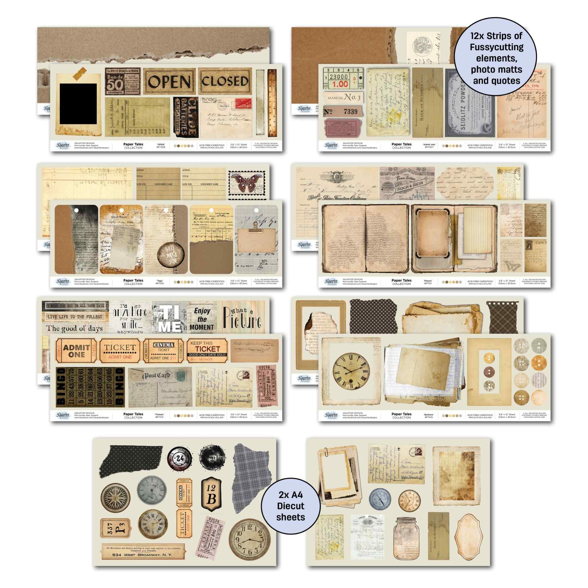 Paper Tales offcut strips showing fussy cutting elements, photo mats, and quote words alongside two A4 die-cut embellishment sheets