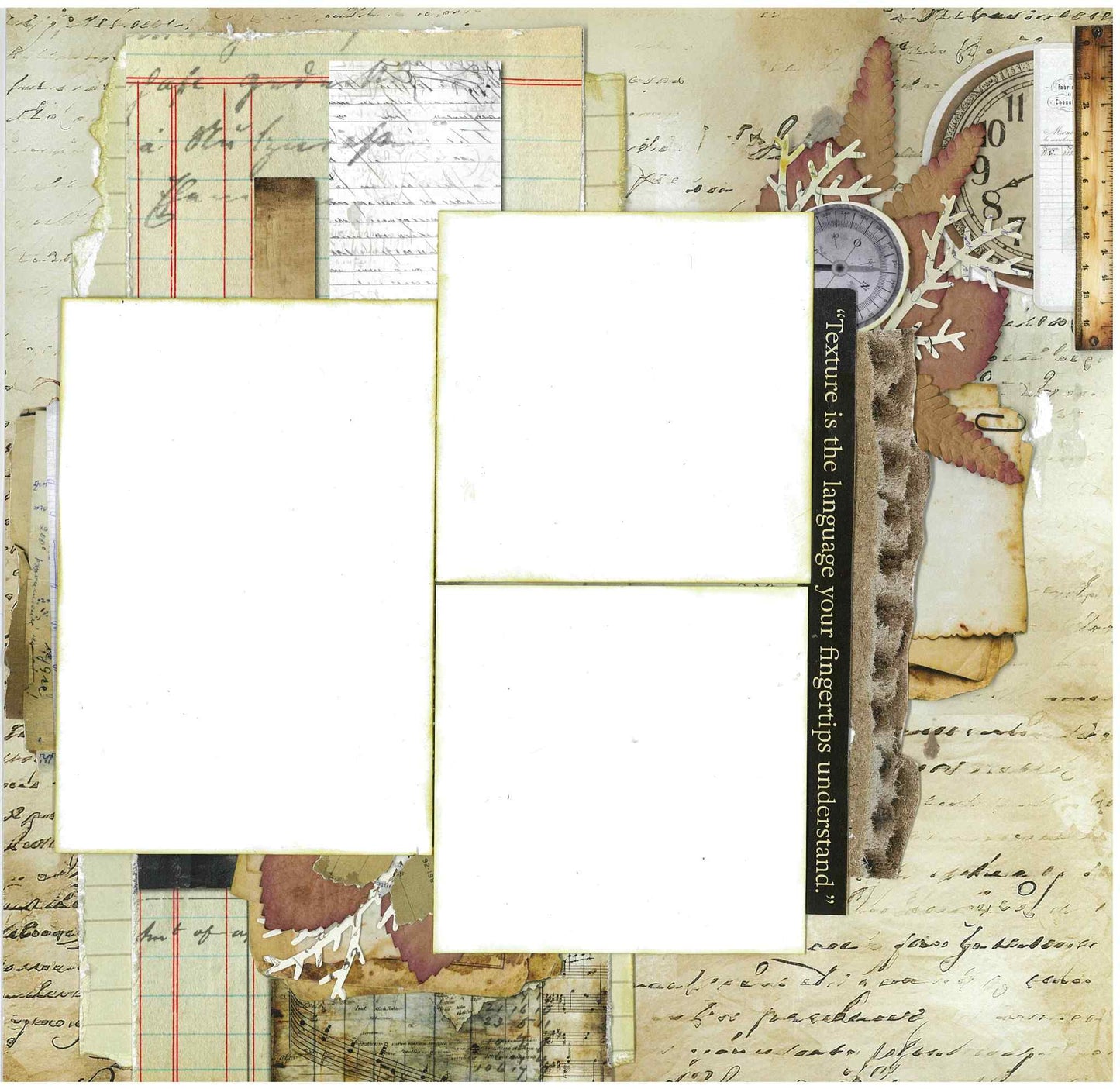 3Quarter Designs Paper Tales scrapbook layout sample showing layered vintage handwriting, ledger, and ephemera papers with clock, fern, and texture elements, with three photo mat spaces