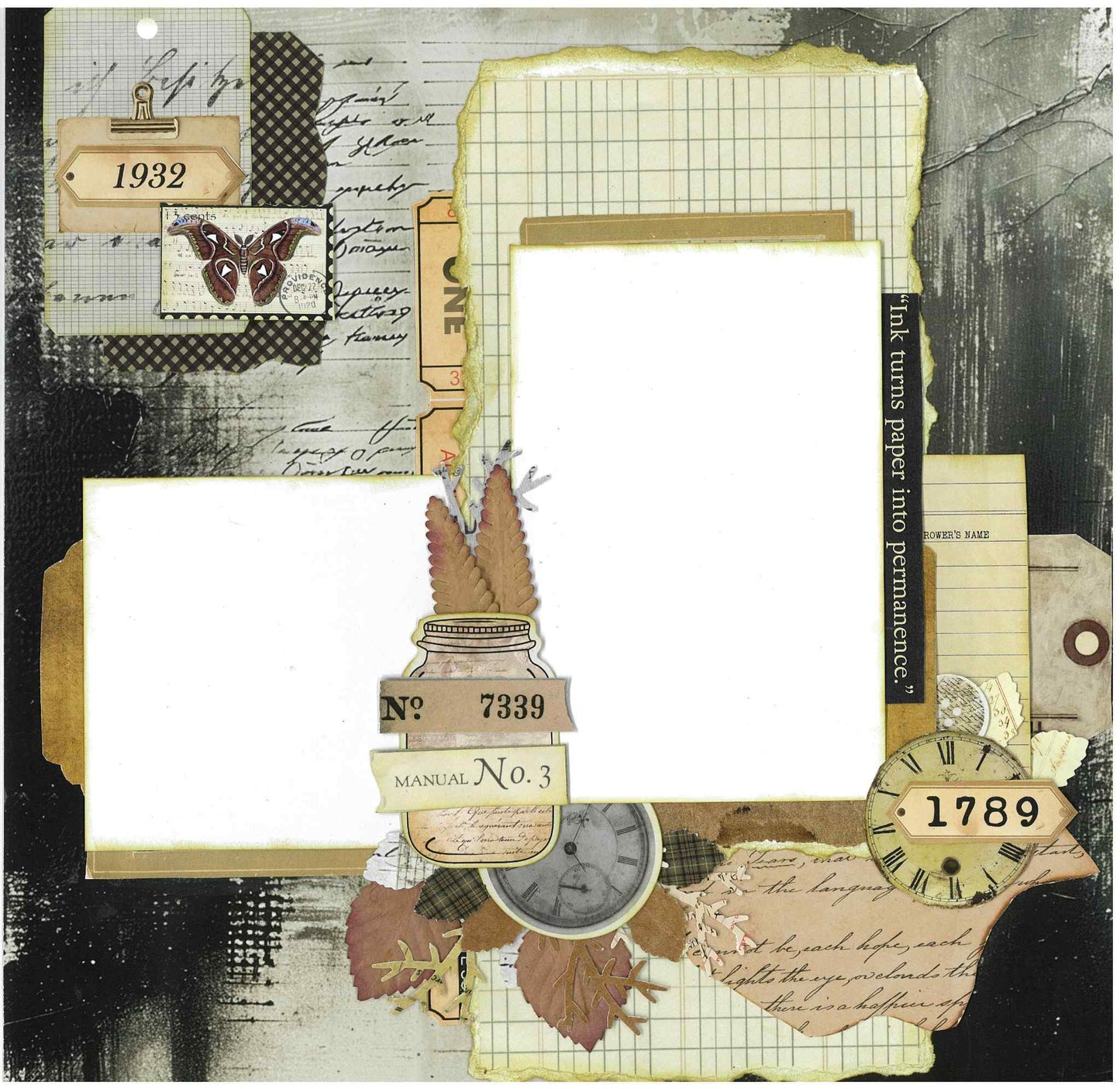 3Quarter Designs Paper Tales scrapbook layout sample featuring dark charcoal background with vintage butterfly stamp, clock, fern die-cuts, number tags and two photo mat spaces