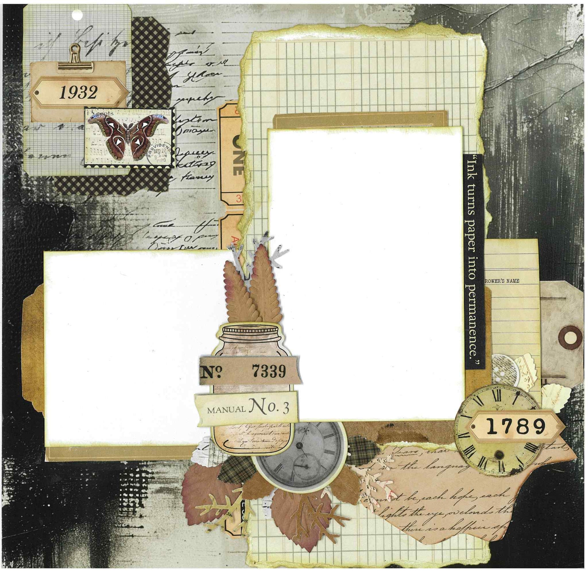 3Quarter Designs Paper Tales scrapbook layout sample featuring dark charcoal background with vintage butterfly stamp, clock, fern die-cuts, number tags and two photo mat spaces