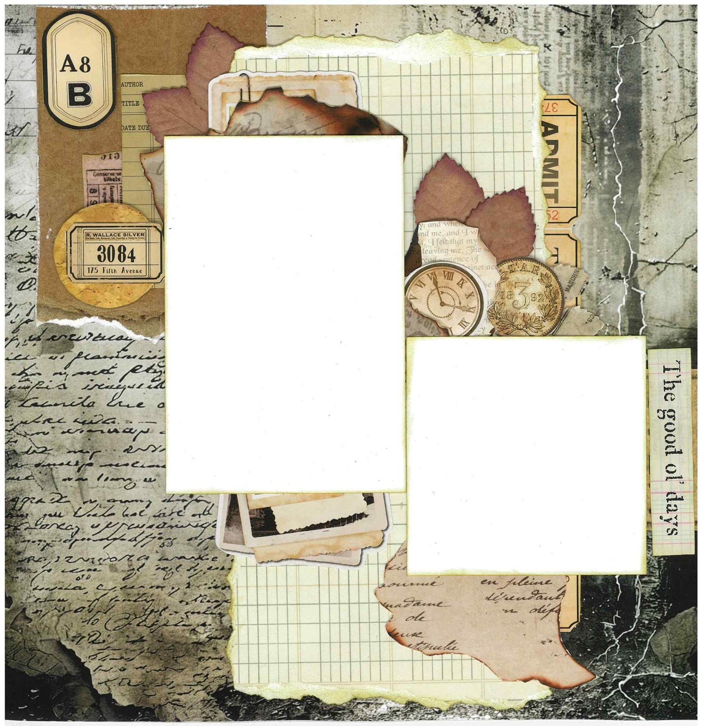 3Quarter Designs Paper Tales scrapbook layout sample with layered handwriting, grid paper, vintage coins, admit ticket, library card and fern die-cuts with two photo mat spaces 