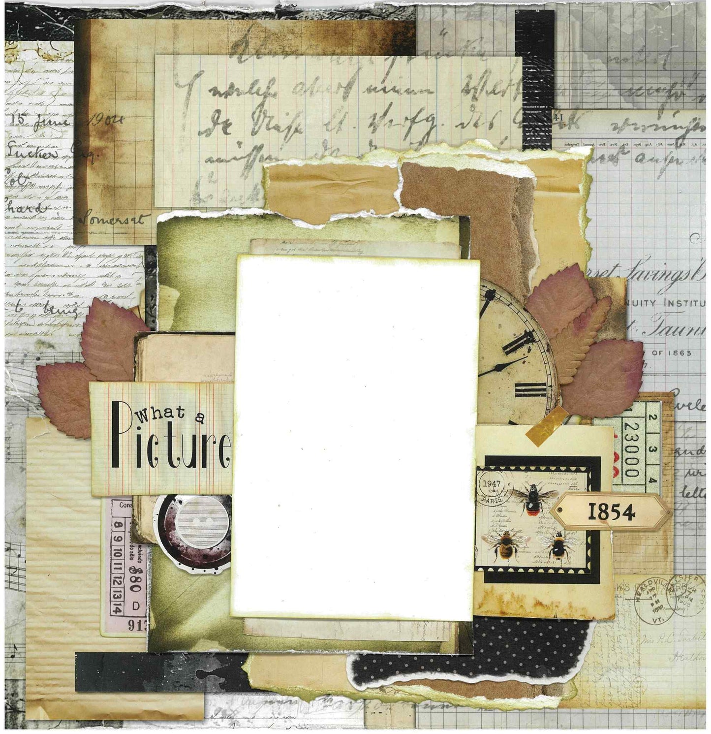 3Quarter Designs Paper Tales scrapbook layout sample with torn vintage handwriting papers, insect ephemera, clock, fern die-cuts and number tags layered over ledger and grid papers with one photo mat space