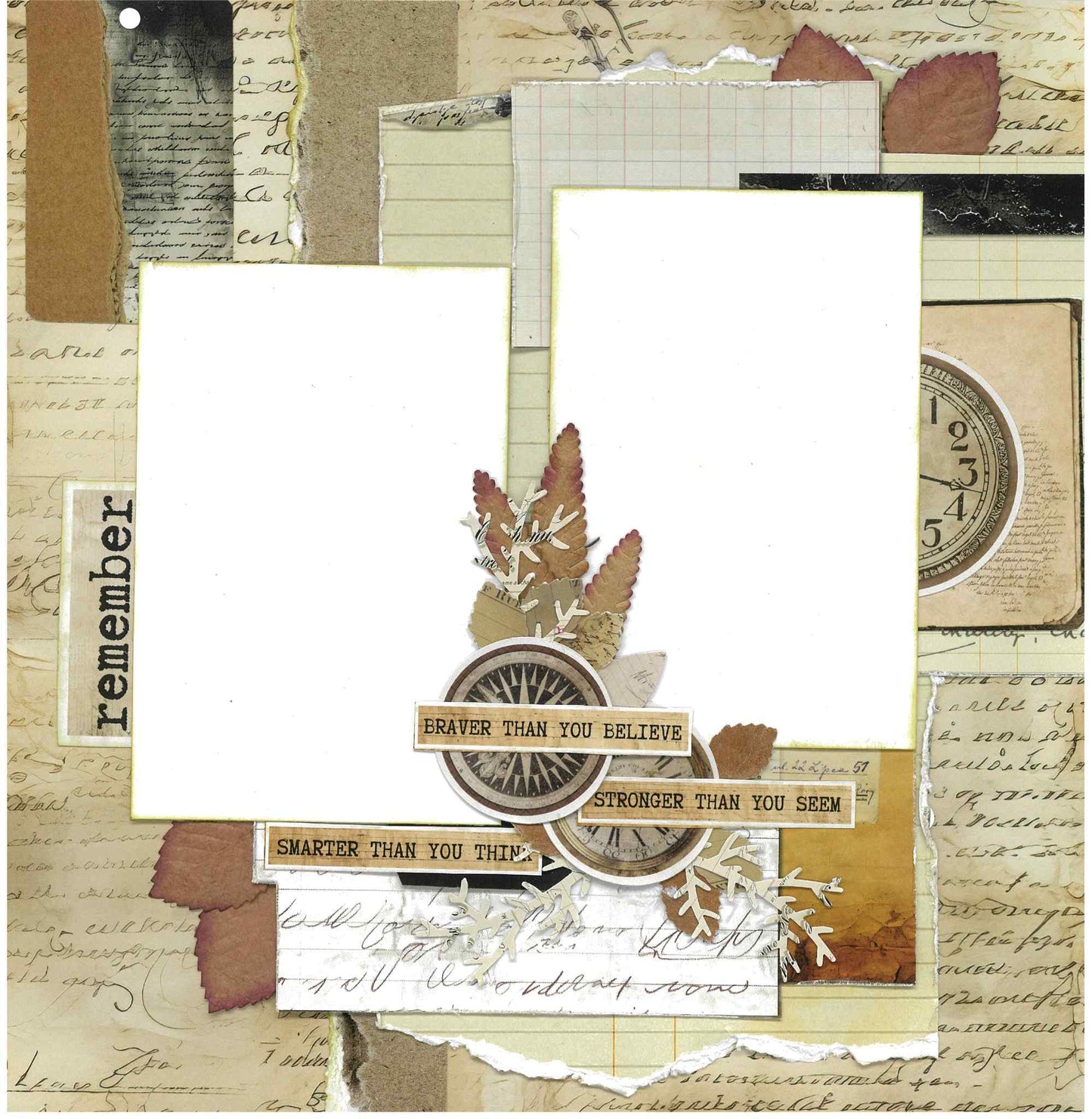 3Quarter Designs Paper Tales scrapbook layout sample with compass, fern die-cuts, inspirational quote strips and torn handwriting papers in warm neutral tones with two photo mat spaces 