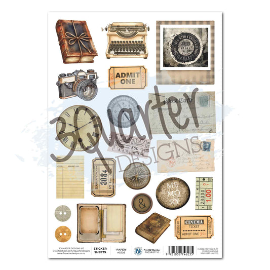3Quarter Designs Paper Tales A4 sticker sheet showing vintage typewriter, leather books, film camera, clock, compass, postcards, admit one ticket, cinema ticket, bingo card, buttons and memory medallion elements