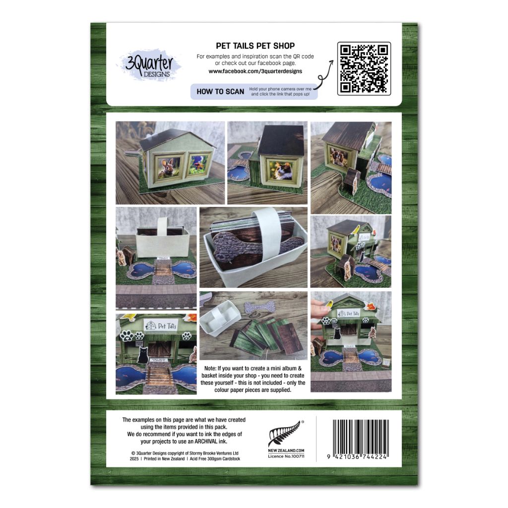 3Quarter Designs Pet Tails Pet Shop kit back cover showing assembly inspiration and multiple angles of the finished miniature building