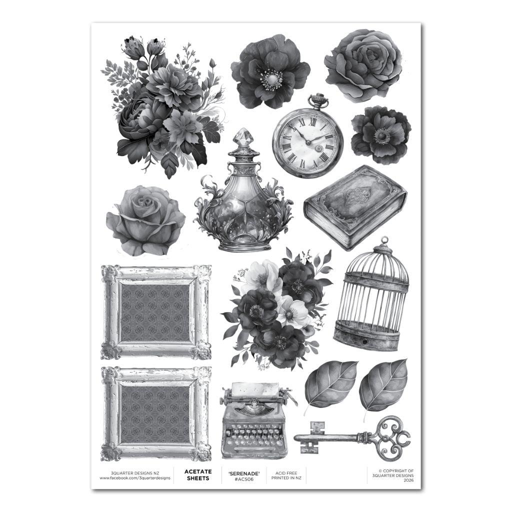 Petal Serenade acetate sheet with vintage-style illustrations of florals, pocket watch, typewriter, and decorative motifs printed in grey-scale on a clear acetate sheet. 