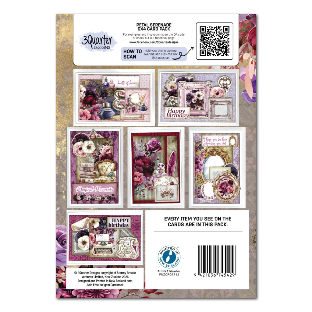 Back cover of Petal Serenade card pack showing sample cards with florals, vintage motifs, and sentiments