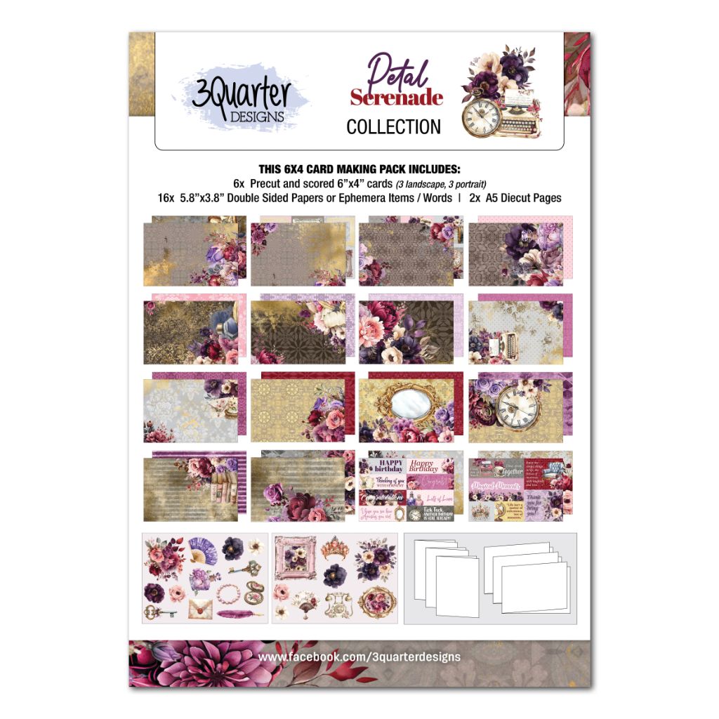Promotional sheet for Petal Serenade card pack showing included papers, cards, and diecuts
