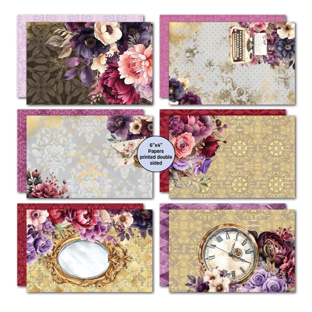 Double-sided Petal Serenade papers with typewriter, envelope, mirror frame, and ornate floral designs