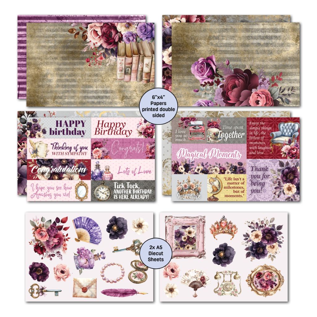 Petal Serenade card pack contents showing printed papers, sentiment sheets, and vintage-style diecuts