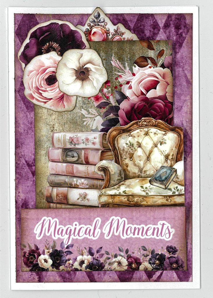 Handmade card featuring vintage armchair, stacked books, florals, and “Magical Moments” sentiment from Petal Serenade collection