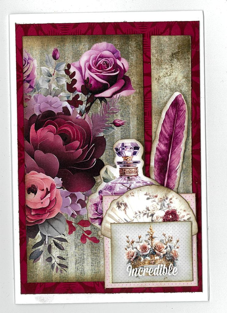 Handmade card with burgundy florals, perfume bottle, feather, fan, and “Incredible” sentiment from Petal Serenade collection