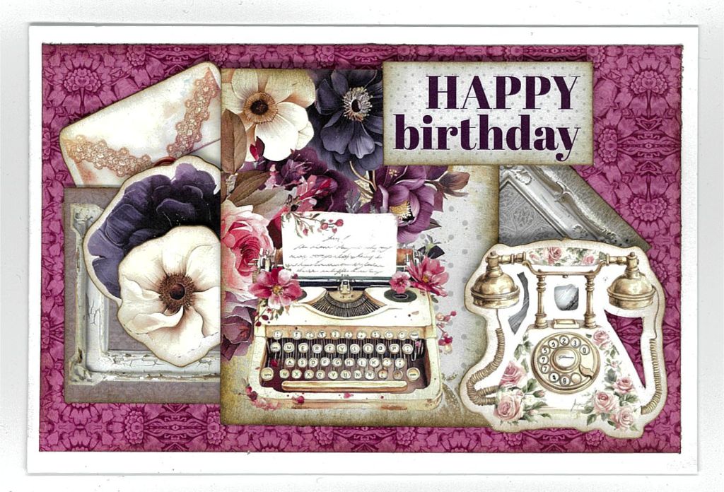 Handmade birthday card with typewriter, rotary phone, envelope, florals, and “HAPPY birthday” sentiment from Petal Serenade collection