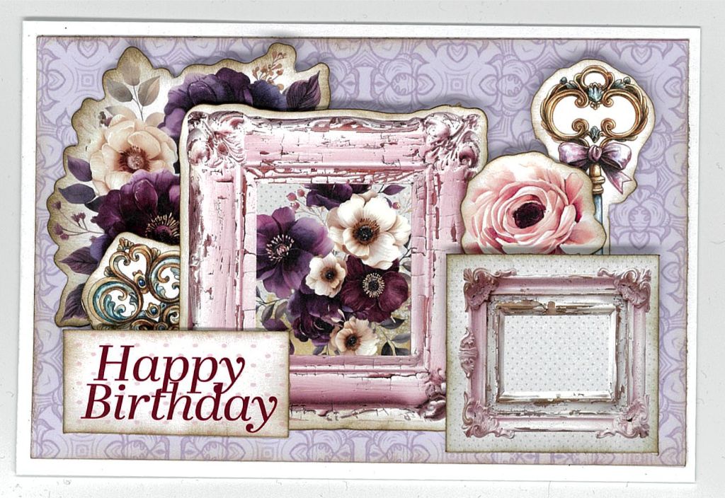 Handmade birthday card with vintage frames, roses, anemones, decorative key, and “Happy Birthday” sentiment from Petal Serenade collection